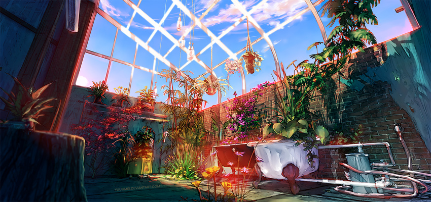 bucket flower greenhouse indoors no_humans original overgrown pipes plant potted_plant ruins scenery sunlight watermark web_address wenqing_yan