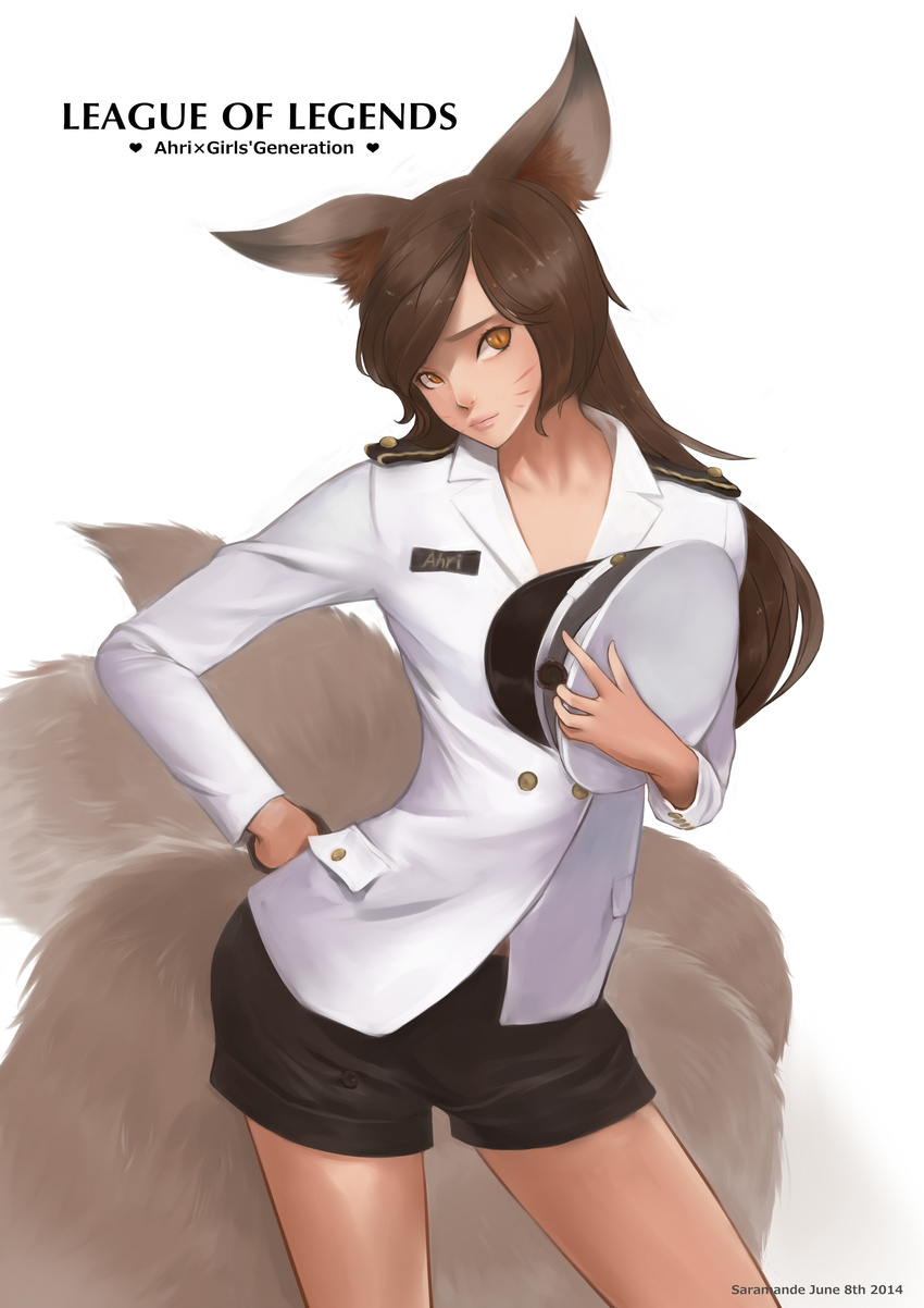 absurdres ahri alternate_costume animal_ears brown_eyes brown_hair fox_ears fox_tail girls'_generation hand_on_hip hat hat_removed headwear_removed highres league_of_legends long_hair looking_at_viewer multiple_tails name_tag saramande solo tail