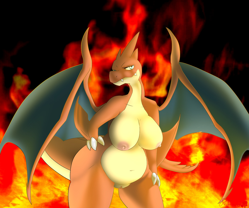 2014 anthro areola big_breasts breasts charizard chubby claws dragon female fire looking_at_viewer mega_charizard mega_charizard_y mega_evolution navel nintendo nipples nude pok&eacute;mon pose pussy redimplight solo video_games wings