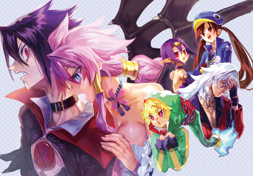 3girls black_hair blonde_hair blue_eyes blue_hat breasts brown_eyes brown_hair choker cleavage desco_(disgaea) disgaea emizel_(disgaea) fangs fenrich_(disgaea) fingerless_gloves gloves green_shirt hair_tubes hand_on_another's_shoulder hat hood jacket kazamatsuri_fuuka long_hair makai_senki_disgaea_4 medium_breasts motiko multiple_boys multiple_girls pink_hair pointy_ears purple_hair red_eyes role_reversal shirt sidelocks surprised sweat twintails valvatorez_(disgaea) vulcanus_(disgaea_4) white_hair wide-eyed wings yellow_eyes