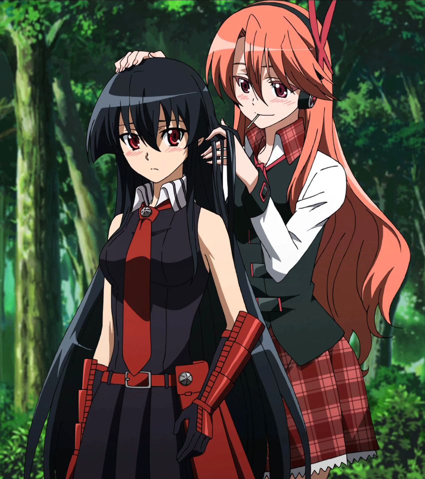 2girls akame akame_ga_kill! black_hair blush brown_hair candy chelsea_(akame_ga_kill!) gloves headphones highres lollipop long_hair multiple_girls red_eyes screencap smile standing stitched