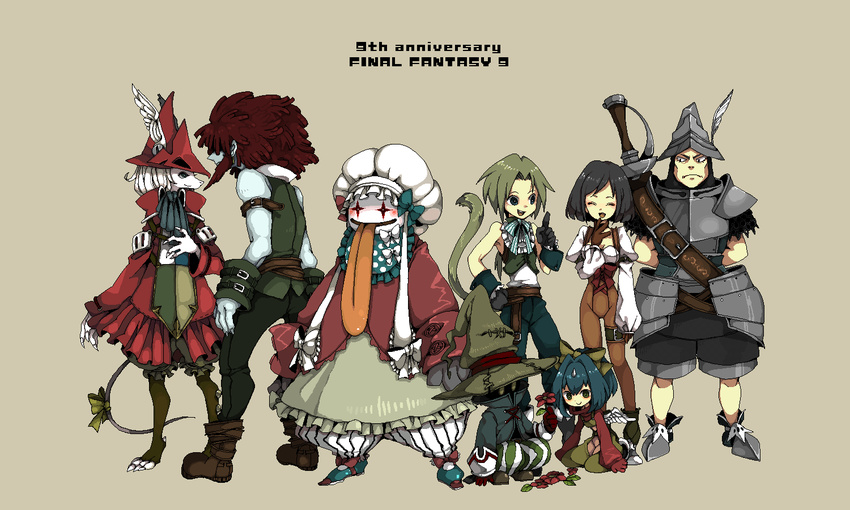 4boys adelbert_steiner armor black_eyes black_hair blonde_hair blue_eyes boots brown_background burmecian copyright_name eiko_carol everyone final_fantasy final_fantasy_ix freija_crescent garnet_til_alexandros_xvii gloves hat horn long_tongue multiple_boys multiple_girls quina_quen red_hair ribbon salamander_coral short_hair simple_background sword tail thigh_strap tongue vivi_ornitier weapon yamipika zidane_tribal