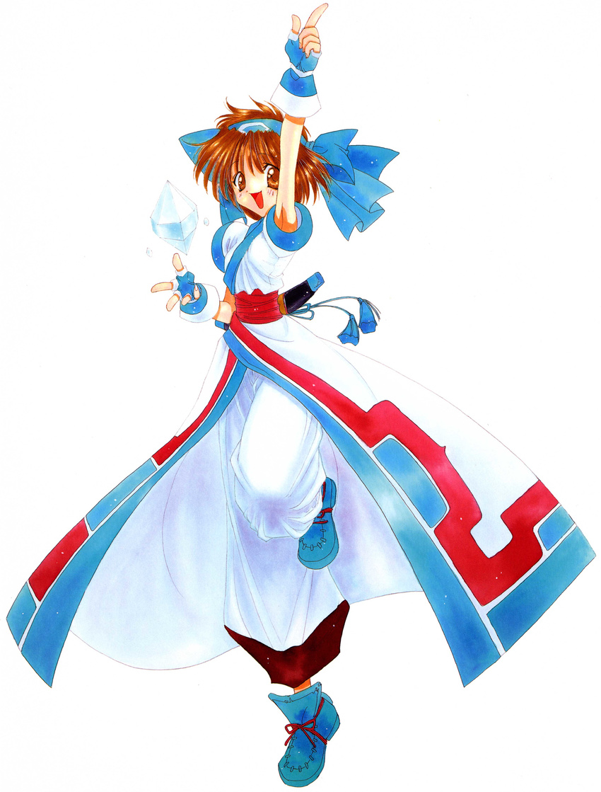 90s absurdres ainu_clothes brown_eyes brown_hair full_body hairband highres konril nanase_aoi rimururu samurai_spirits scan short_hair smile solo standing standing_on_one_leg white_background