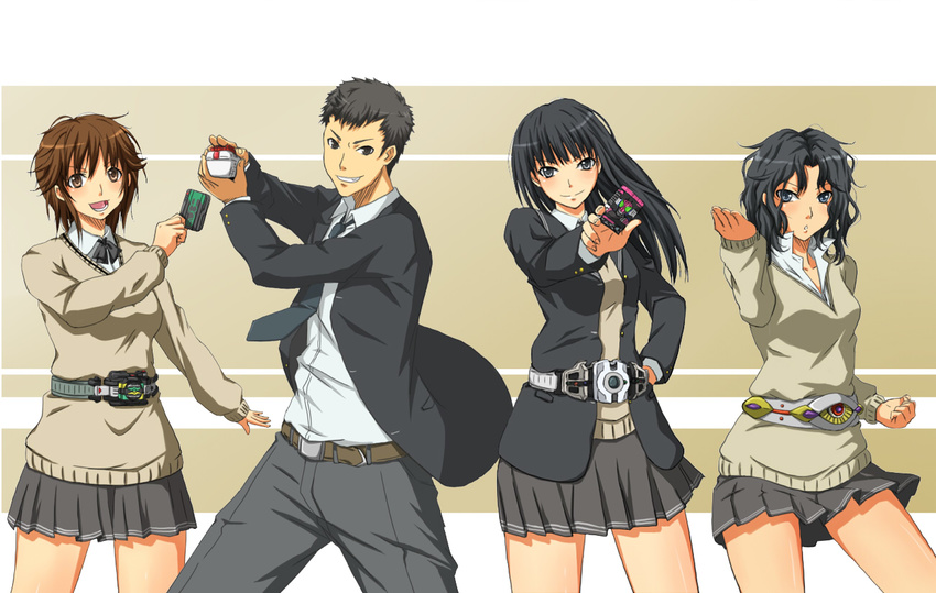 3girls amagami another_agito ayatsuji_tsukasa belt card holding holding_card kamen_rider kamen_rider_agito_(series) kamen_rider_dcd kamen_rider_decade kamen_rider_den-o_(series) kamen_rider_zeronos kibito_high_school_uniform long_sleeves multiple_girls parody pleated_skirt pose sakurai_rihoko samurai_sentai_shinkenger school_uniform shinken_gold skirt super_sentai tanamachi_kaoru toki_(tokihakashi) umehara_masayoshi