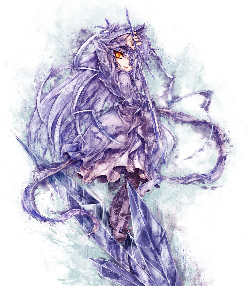 barasuishou crystal dress eyepatch flower highres purple_hair ribbon rozen_maiden sasa_ichi solo sword weapon yellow_eyes