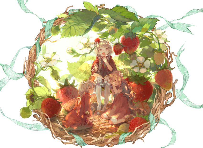 bad_id bad_pixiv_id blonde_hair bloomers book braid brown_eyes brown_hair capelet closed_eyes dress fairy fairy_wings flower food fruit highres hood long_hair long_sleeves minigirl multiple_girls open_mouth original short_hair silver_hair sitting sleepy smile strawberry striped striped_legwear thighhighs twin_braids underwear vertical-striped_legwear vertical_stripes wakatsuki_(etoiles) white_background wings yawning