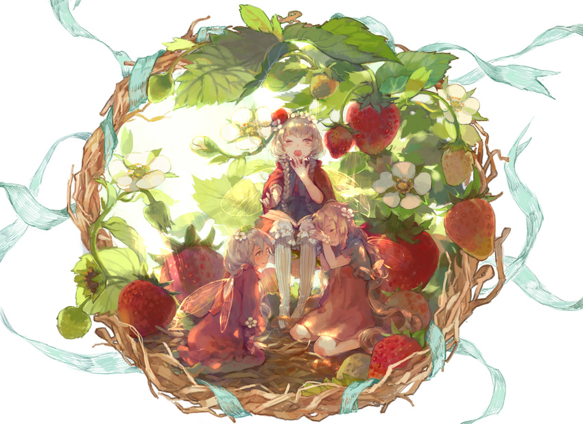 blonde_hair bloomers book braid brown_eyes brown_hair capelet closed_eyes dress fairy fairy_wings flower food fruit highres hood long_hair long_sleeves minigirl multiple_girls open_mouth original revision short_hair silver_hair sitting sleepy smile strawberry striped striped_legwear thighhighs twin_braids underwear wakatsuki_(etoiles) white_background wings yawning