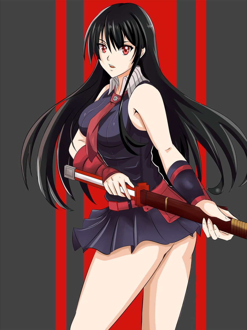 absurdres akame akame_ga_kill! angel_pena_(angelox) black_hair bracer breasts highres katana large_breasts long_hair necktie red_eyes sheath sheathed skirt sleeveless solo sword weapon