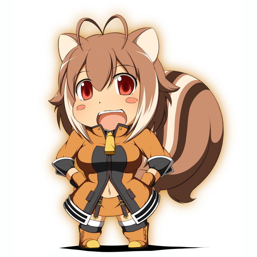 ahoge alternate_costume animal_ears blazblue blush blush_stickers breasts brown_hair chibi glasses gloves highres large_breasts looking_at_viewer makoto_nanaya mirano multicolored_hair navel open_mouth orange_shirt red_eyes shirt short_hair smile solo squirrel_ears squirrel_tail tail two-tone_hair