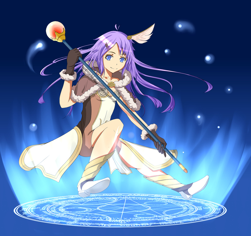 blue_eyes breasts cape cleavage gloves hair_ornament hairclip high_wizard highres holding kurohachiboku long_hair looking_at_viewer magic_circle purple_hair ragnarok_online small_breasts smile solo staff
