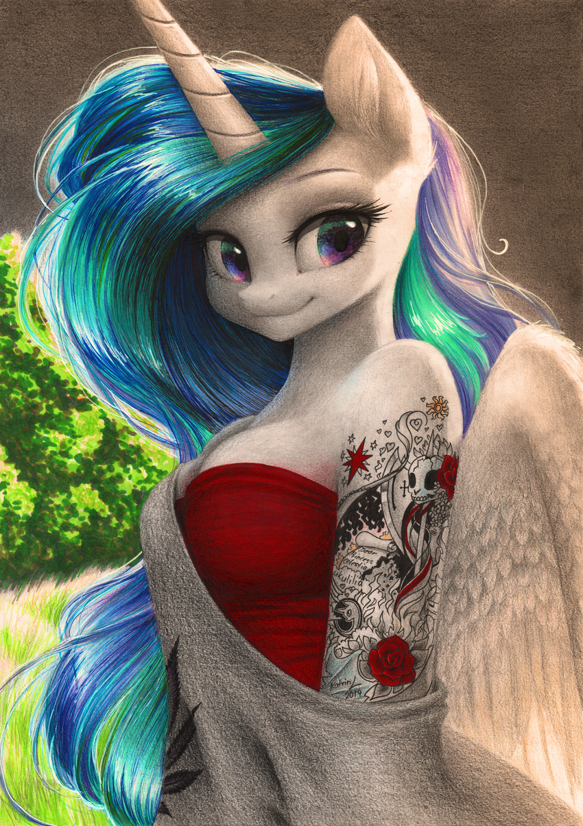 2014 absurd_res anthro anthrofied equine female friendship_is_magic fur grass hair hi_res horn looking_at_viewer mammal multi-colored_hair my_little_pony outside princess_celestia_(mlp) shaded signature smile solo sweater tattoo tree ukulilia white_fur winged_unicorn wings