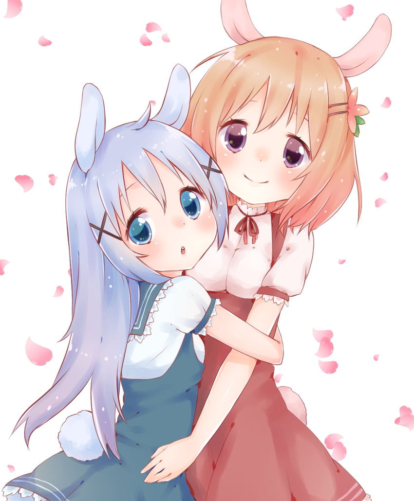 animal_ears bad_id bad_pixiv_id blush bunny_ears bunny_tail gochuumon_wa_usagi_desu_ka? hair_ornament hairclip highres hoto_cocoa hug kafuu_chino long_hair looking_at_viewer looking_back multiple_girls rima_(rimarip) sailor_collar short_hair smile tail underbust x_hair_ornament