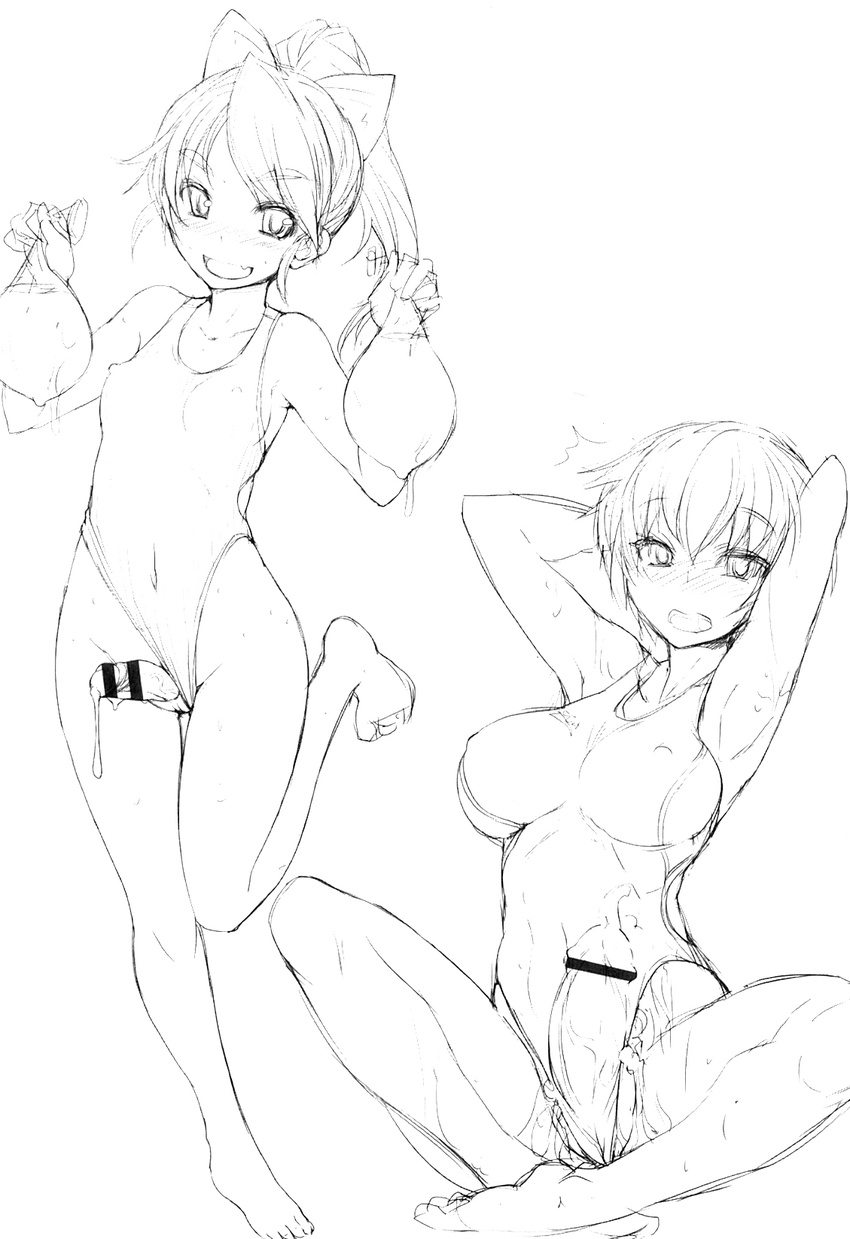 2girls aihara_ai blush bosshi breasts condom cum flat_chest futabu futanari itou_aya large_breasts large_penis little_penis long_hair monochrome multiple_girls one-piece_swimsuit open_mouth penis ponytail short_hair simple_background sketch small_penis smile spread_legs swimsuit veins veiny_penis white_background