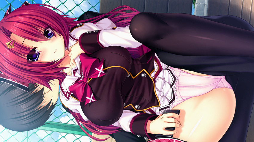 1girl black_hair black_legwear blue_eyes blush breasts cameltoe embarrassed fence game_cg highres huge_breasts long_hair panties pink_hair ponytail school_uniform short_hair sitting skirt spread_legs syroh underwear upskirt yakimochi_stream