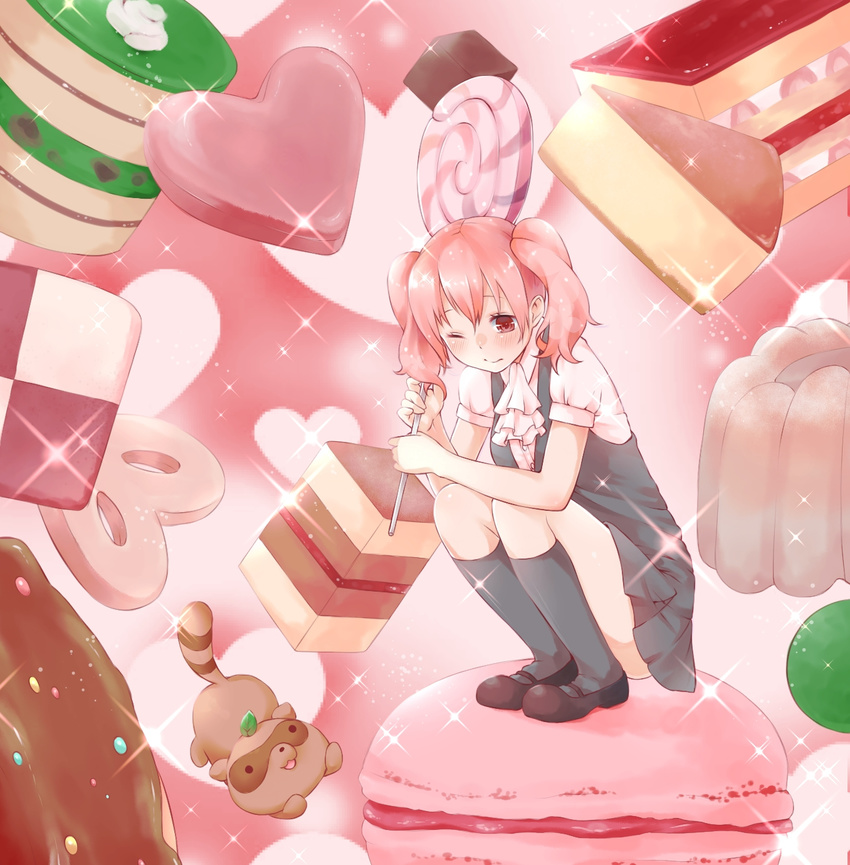 bad_id bad_pixiv_id blush cake candy checkerboard_cookie cheesecake cookie food food_themed_background heart highres inu_x_boku_ss lollipop macaron one_eye_closed pink_eyes pink_hair rima_(rimarip) roromiya_karuta sweets swirl_lollipop tanuki watanuki_banri