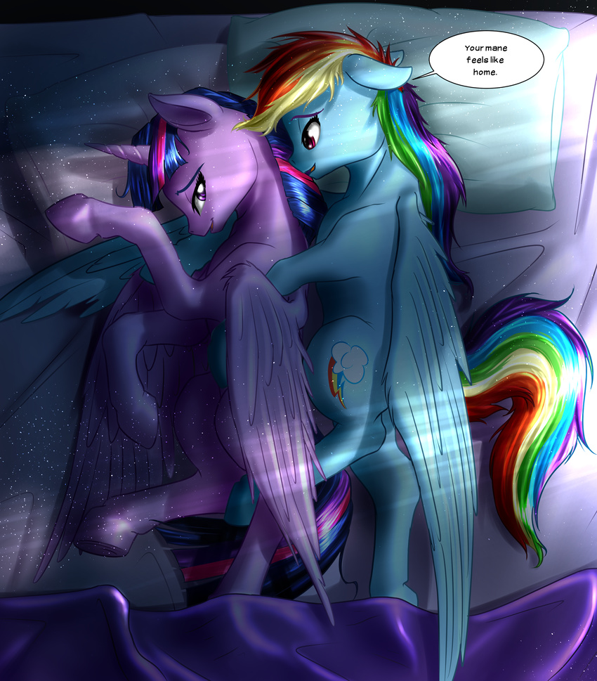 2014 bed cuddling cutie_mark dialog duo english_text equine female friendship_is_magic hair horn hug lying mammal multi-colored_hair my_little_pony mykegreywolf pegasus pillow purple_eyes purple_hair rainbow_dash_(mlp) rainbow_hair spooning text twilight_sparkle_(mlp) winged_unicorn wings