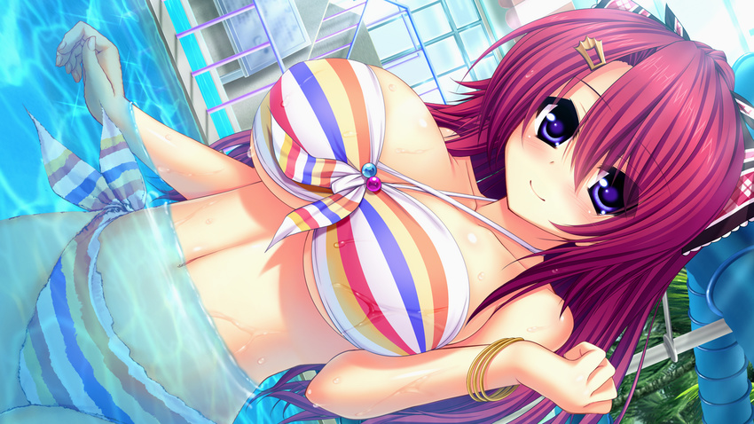 1girl bikini blue_eyes blush breasts collarbone game_cg hair_ribbon highres huge_breasts long_hair looking_at_viewer navel partially_submerged pink_hair ponytail pool ribbon smile solo standing swimsuit syroh water wet yakimochi_stream