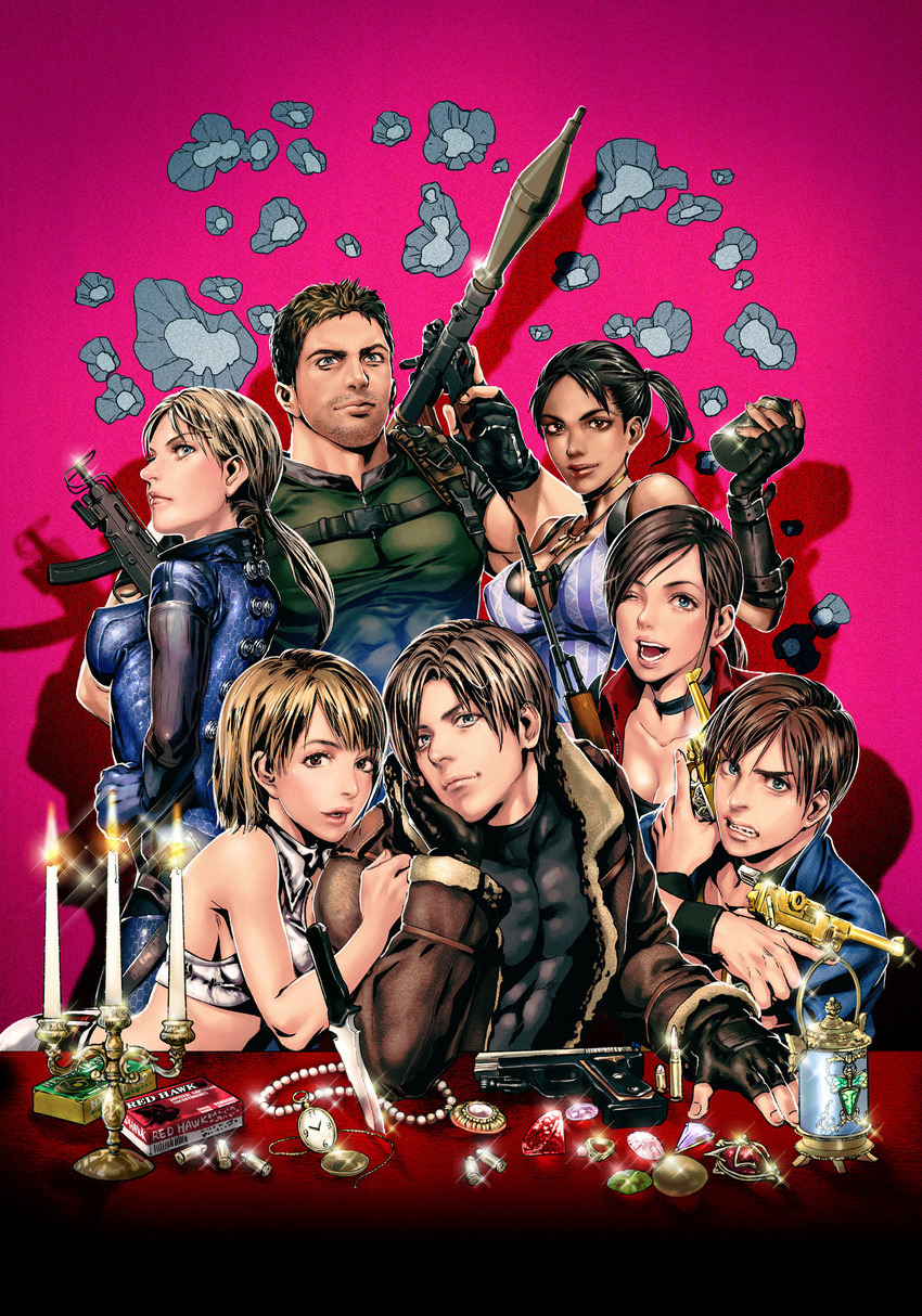4girls abs ammo_box ashley_graham blonde_hair blue_eyes bomber_jacket breasts brown_eyes brown_hair bullet candle candlestand choker chris_redfield claire_redfield cleavage cover cover_page dark_skin doujin_cover dual_wielding earrings elbow_rest explosive facial_hair fingerless_gloves gem gloves golden_gun grenade gun highres holding jacket jewelry jill_valentine katou_teppei knife leon_s_kennedy lips looking_at_viewer medium_breasts multiple_boys multiple_girls necklace one_eye_closed open_mouth pearl_necklace resident_evil resident_evil_4 resident_evil_5 resident_evil_code:_veronica rocket_launcher rpg sheva_alomar short_hair skorpion_vz._61 steve_burnside stubble submachine_gun treasure watch weapon wristband
