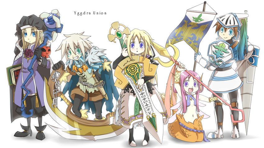 3boys :o armor armored_dress blonde_hair blue_eyes blush book brown_hair copyright_name creator_connection durant_(yggdra_union) expressionless facepaint flag flower full_armor ga_geijutsuka_art_design_class gen_1_pokemon green_eyes grimoire grin hair_between_eyes hat head_fins helmet highres holding holding_sword holding_weapon karasumi_(aiseec) kneeling looking_at_viewer mermaid midriff milanor monster_girl multiple_boys multiple_girls navel nietzsche parody pikachu pink_hair pokemon_(creature) polearm pumpkin purple_eyes robe rose roswell scales silver_hair simple_background smile spear sword tattoo teeth trident wand weapon white_background yggdra_union yggdra_yuril_artwaltz