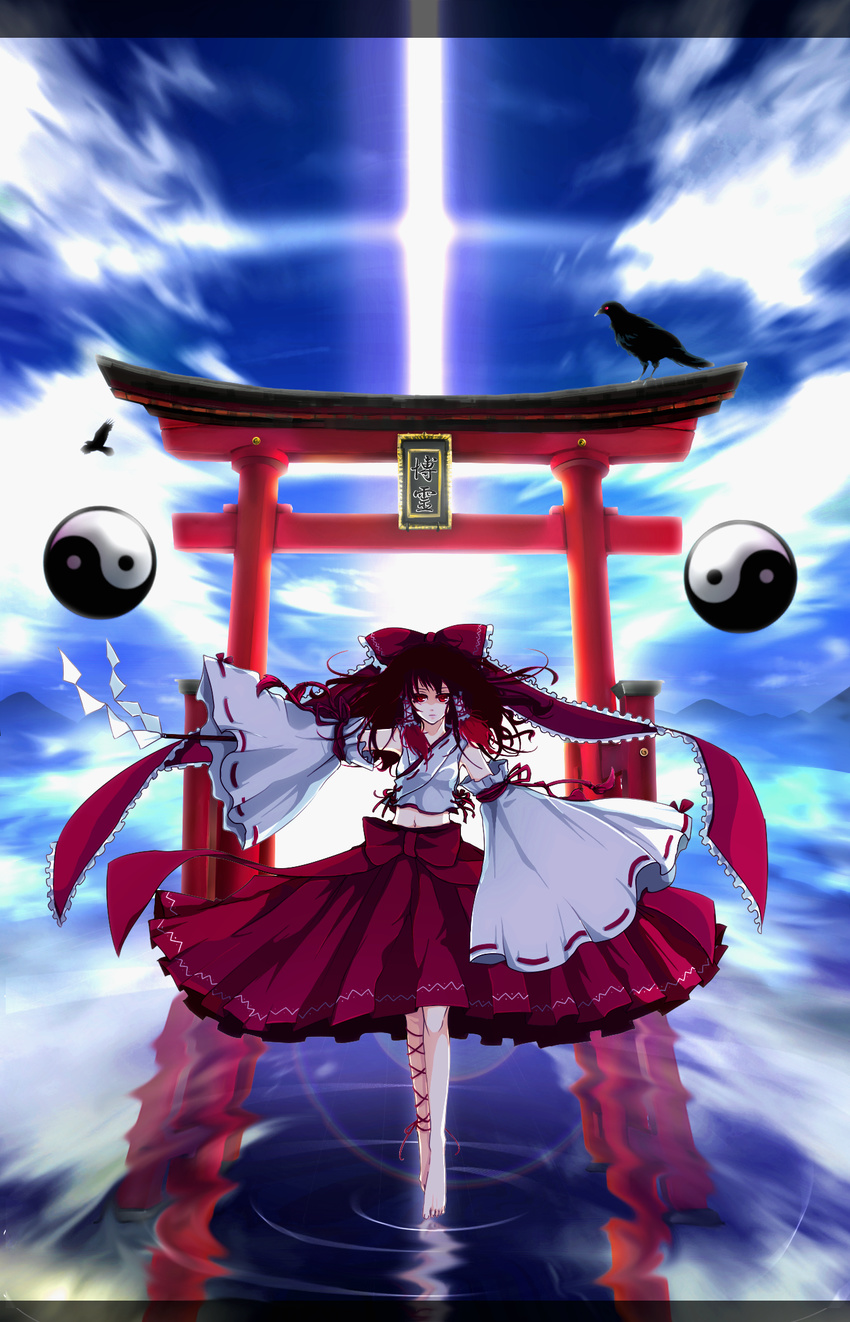 bad_id bad_pixiv_id black_hair detached_sleeves gohei hakurei_reimu highres midriff red_eyes ribbon solo torii touhou yin_yang yume_koucha