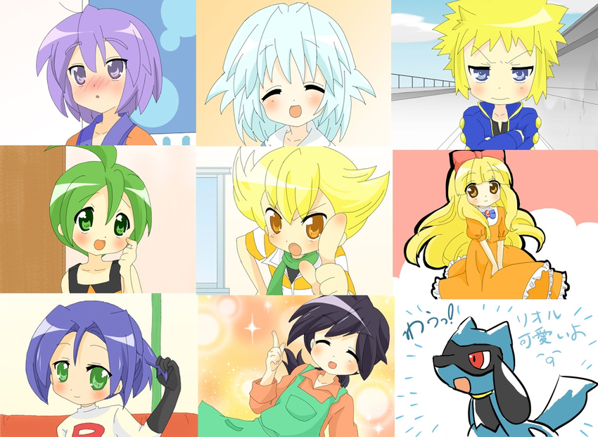 apron bad_id bad_pixiv_id blonde_hair blue_eyes crossdressing denji_(pokemon) failry_tale gen_4_pokemon green_eyes green_hair gym_leader jun_(pokemon) kojirou_(pokemon) lucky_star male_focus multiple_boys otoko_no_ko pokemon pokemon_(anime) pokemon_(classic_anime) pokemon_(creature) pokemon_(game) pokemon_ag pokemon_dp_(anime) pokemon_dppt pokemon_m07 purple_eyes purple_hair reiji_(pokemon) riolu ryou_(pokemon) satoko_(pokemon) satoshi_(pokemon) shinji_(pokemon) team_rocket tooi_rondo white_hair yellow_eyes