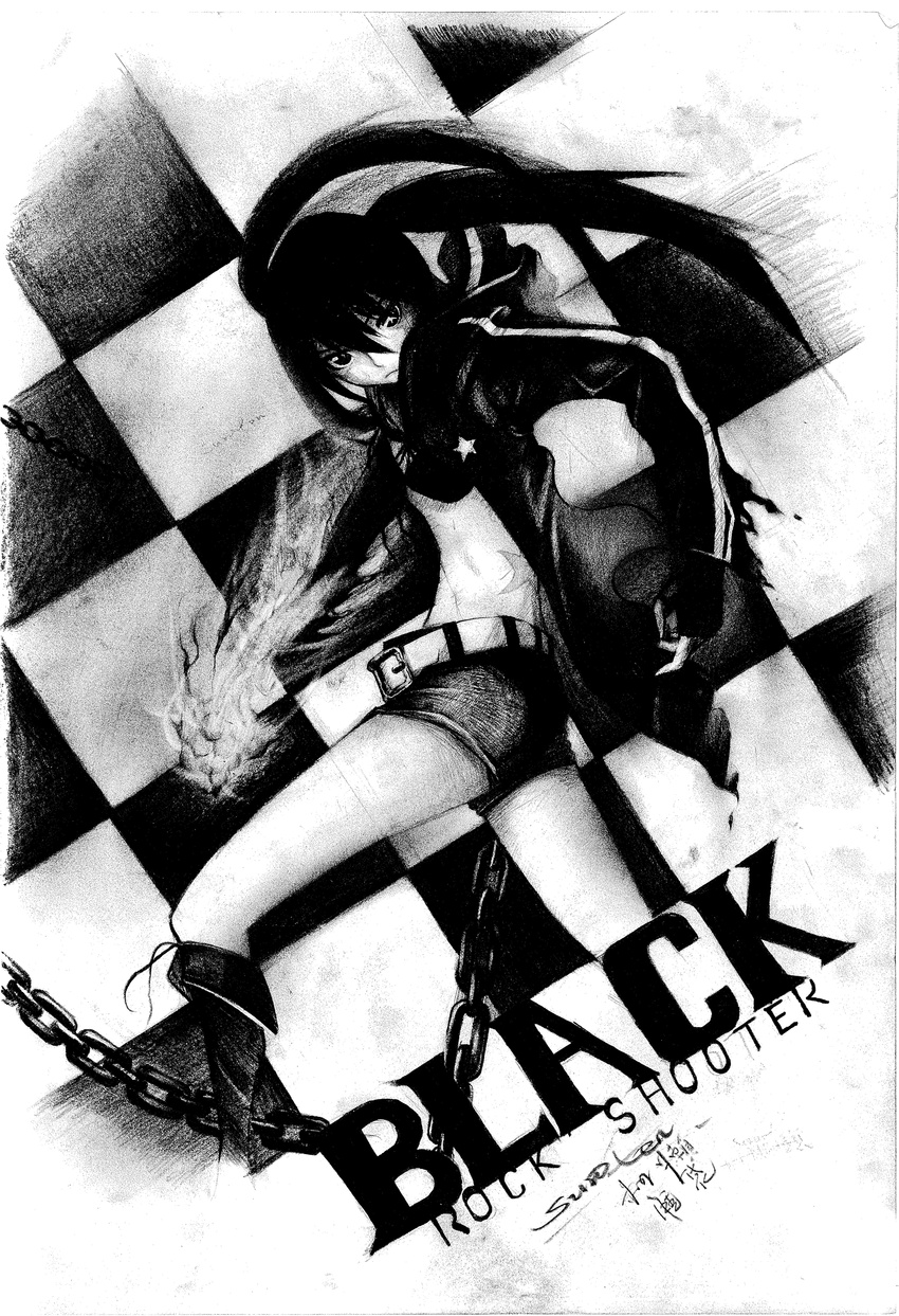 absurdres bad_id bad_pixiv_id belt bikini_top black_hair black_rock_shooter black_rock_shooter_(character) boots chain charcoal_(medium) checkered coat fingerless_gloves flat_chest gloves greyscale highres long_hair midriff monochrome navel scar shorts sketch solo surolen traditional_media twintails