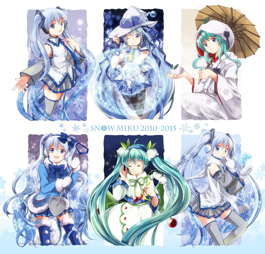 2015 6+girls ahoge aqua_hair blue_eyes blue_hair character_name closed_eyes detached_sleeves earmuffs fingerless_gloves gloves hair_ribbon hairband hat hatsune_miku headset highres hood iroha_(shiki) japanese_clothes kimono leaf long_hair magic_circle magical_girl md5_mismatch mittens multiple_girls necktie one_eye_closed oriental_umbrella pantyhose ribbon scarf shovel sitting skirt smile snow snow_bunny snowflakes suki!_yuki!_maji_magic_(vocaloid) thighhighs twintails uchikake umbrella very_long_hair vocaloid witch_hat yuki_miku