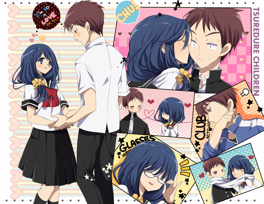 1girl blue_hair brown_hair cheek_kiss couple glasses gouda_takeru heart heart_of_string hetero jacket janirotluvx jitome kamine_ayaka kiss long_hair scarf school_uniform scrunchie serafuku shared_scarf short_hair skirt sweat track_jacket tsurezure_children