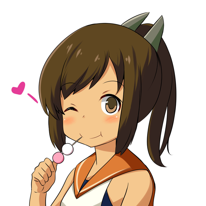 ;) bare_shoulders be_(o-hoho) blush brown_eyes brown_hair dango dark_skin eating food heart highres i-401_(kantai_collection) kantai_collection looking_at_viewer one_eye_closed ponytail sailor_collar sanshoku_dango school_swimsuit simple_background smile solo swimsuit swimsuit_under_clothes tan wagashi white_background