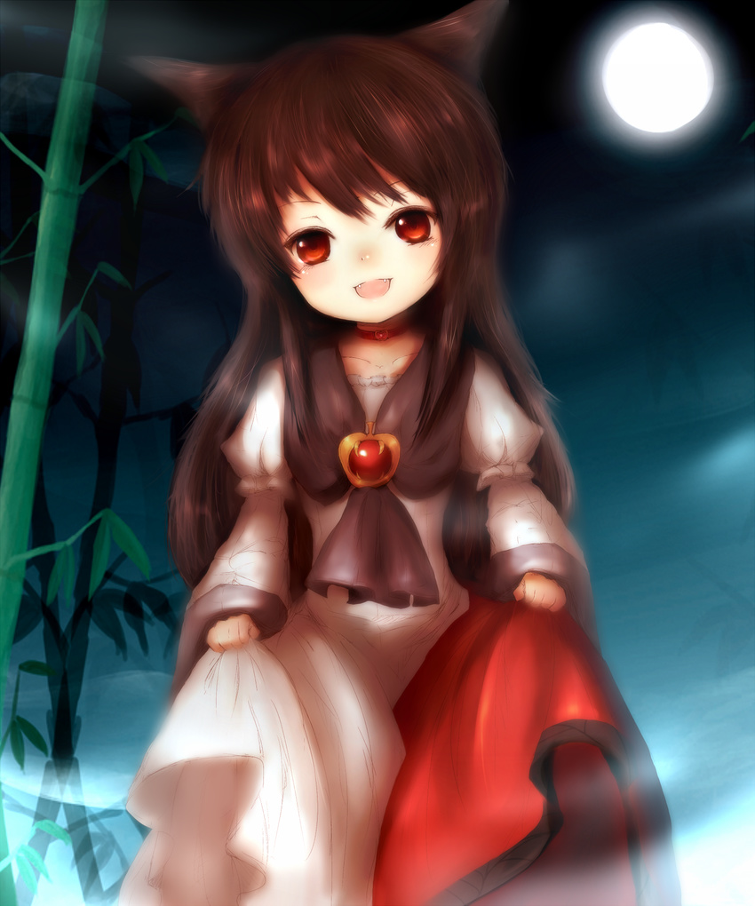 :d amanojaku animal_ears bad_id bad_pixiv_id bamboo brooch brown_hair dress dress_lift fang fangs full_moon highres imaizumi_kagerou jewelry juliet_sleeves long_hair long_sleeves moon neckerchief night open_mouth puffy_sleeves red_eyes revision smile touhou very_long_hair wolf_ears