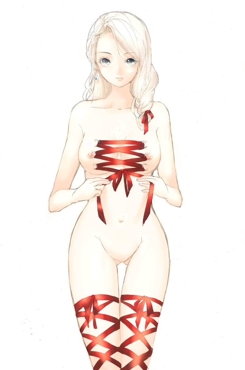 absurdres blonde_hair blue_eyes body_piercings breasts chii_in_baru_saba corset_piercing earrings hair_ribbon highres jewelry large_breasts long_hair navel nipple_piercing nipple_rings nipples no_pussy nude original piercing red_ribbon ribbon solo thigh_gap thigh_ribbon