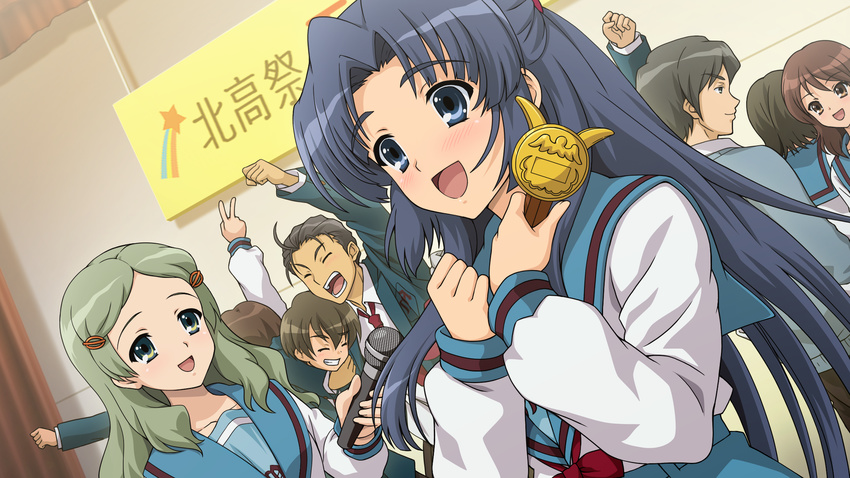 4girls :d ahoge asakura_ryouko black_eyes black_hair blush brown_eyes brown_hair character_request closed_eyes green_eyes green_hair grin highres holding kimidori_emiri kita_high_school_uniform kunikida long_hair microphone multiple_boys multiple_girls necktie official_art open_mouth school_uniform serafuku smile suzumiya_haruhi_no_shoushitsu suzumiya_haruhi_no_tsuisou suzumiya_haruhi_no_yuuutsu taniguchi v