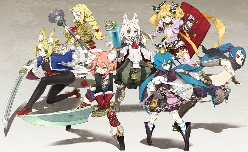 7th_dragon 7th_dragon_(series) absurdres animal_ears berich_(7th_dragon) black_legwear blonde_hair blue_hair boots braid cat_ears crown dress fighter_(7th_dragon) fox_ears gloves green_eyes hair_bobbles hair_ornament harukara_(7th_dragon) healer_(7th_dragon) highres ikurakun_(7th_dragon) knight_(7th_dragon) long_hair mage_(7th_dragon) melk_(7th_dragon) miwa_shirou mol_(7th_dragon) momomeno_(7th_dragon) multiple_girls namuna_(7th_dragon) pantyhose pink_hair princess_(7th_dragon) red_eyes rogue_(7th_dragon) samurai_(7th_dragon) shield silver_hair squatting stuffed_animal stuffed_bunny stuffed_toy sword twintails wand weapon