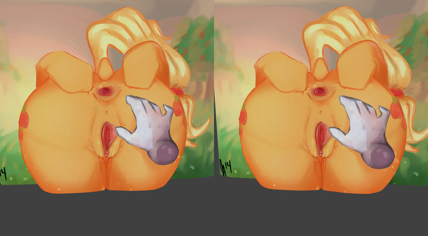 3d absurd_res anus applejack_(mlp) butt butt_grab cheeks disembodied_hand female first_person_view friendship_is_magic grope hi_res my_little_pony presenting pussy sbs somescrub stereogram stereoscopy