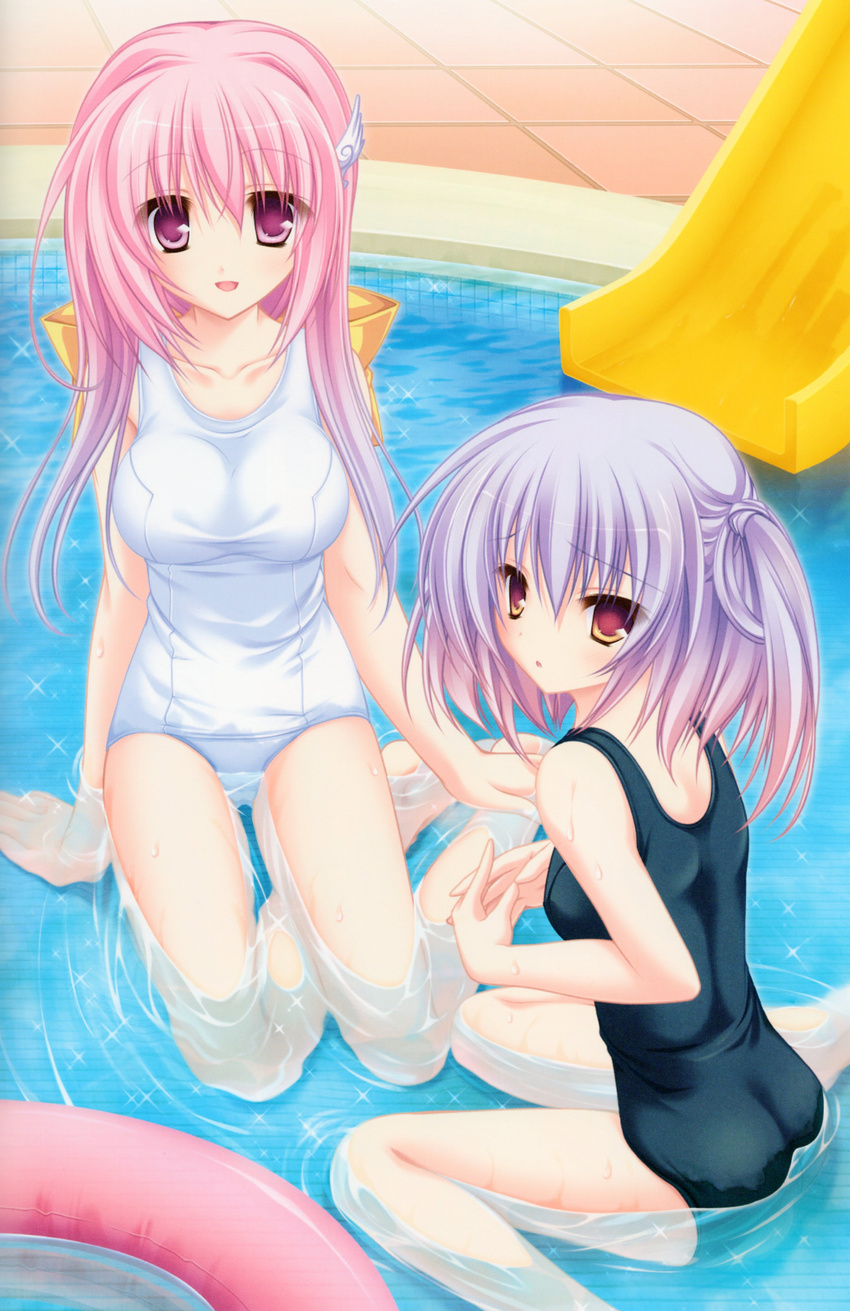 77 absurdres ass breasts gradient_hair highres large_breasts lavender_hair long_hair medium_breasts mikagami_mamizu multicolored_hair multiple_girls one-piece_swimsuit pink_eyes pink_hair red_eyes scan school_swimsuit sitting slide swimsuit tsuneha_aki tsuneha_miki wading_pool wariza white_school_swimsuit white_swimsuit yokozuwari