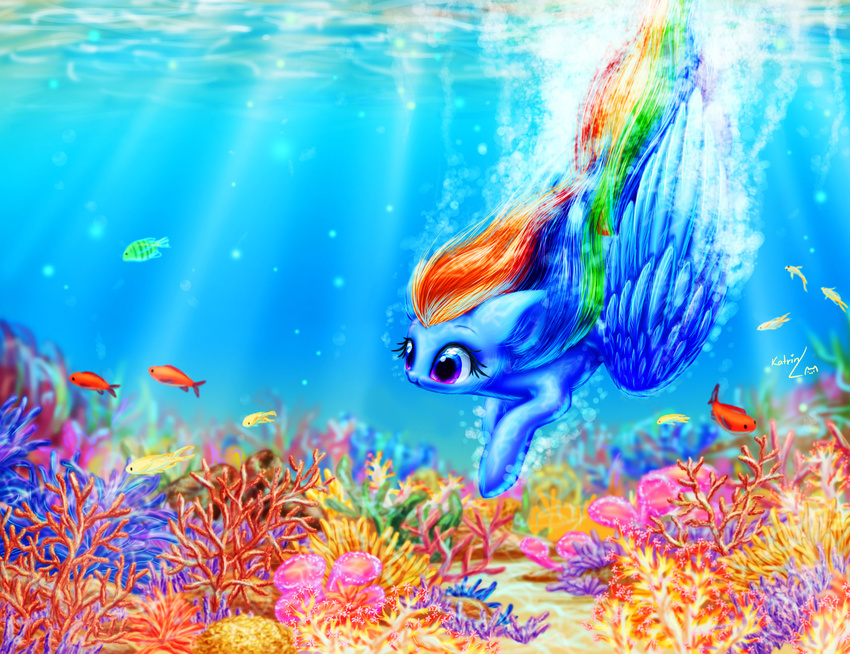 2014 bubble coral_reef equine female fish friendship_is_magic hair mammal marine multi-colored_hair my_little_pony pegasus purple_eyes rainbow_dash_(mlp) rainbow_hair solo swimming ukulilia underwater water wings