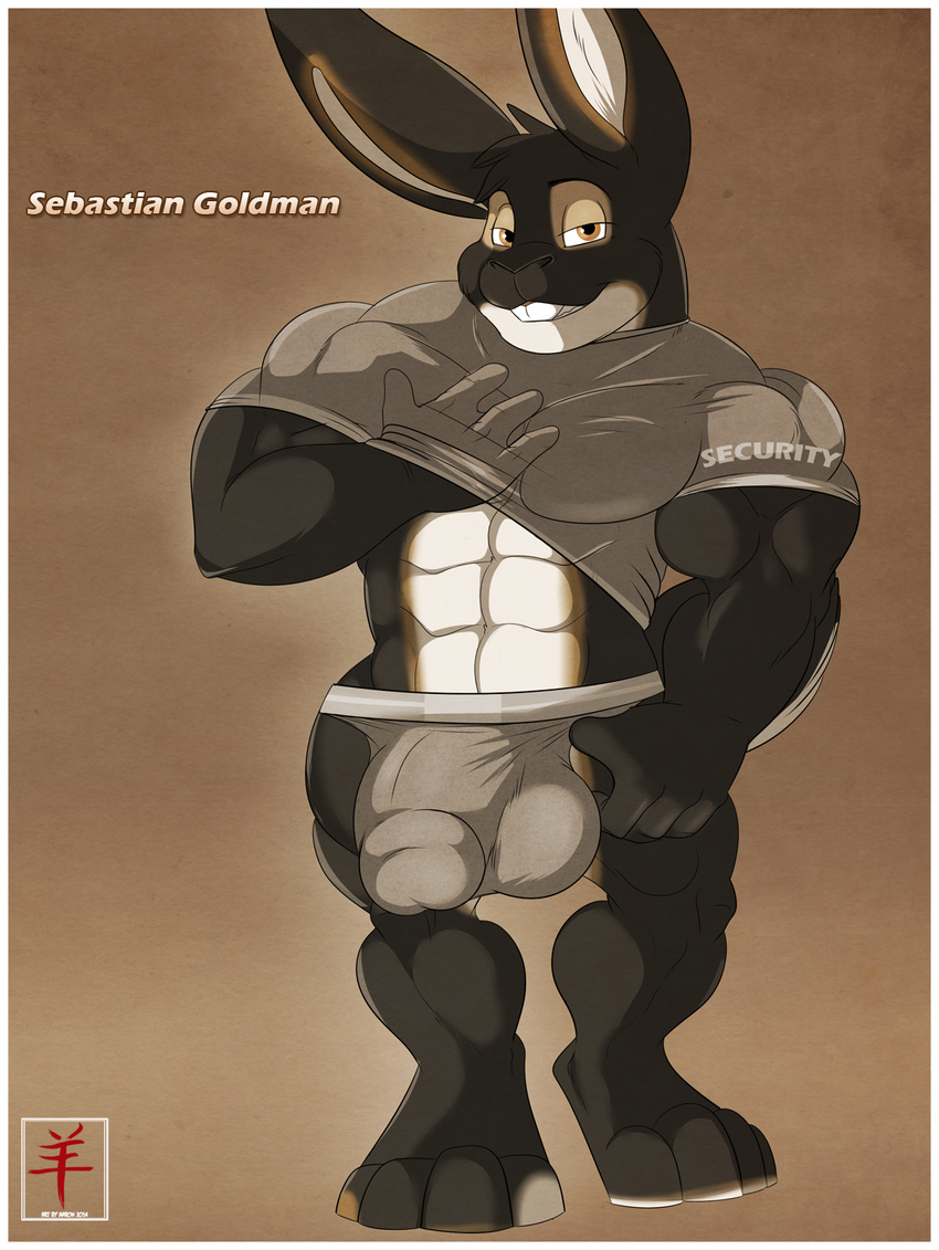 2014 aaron_(artist) abs anthro balls biceps bouncer bulge clothing flaccid lagomorph looking_at_viewer male mammal muscles penis pepsi_(fa) rabbit security smile solo underwear