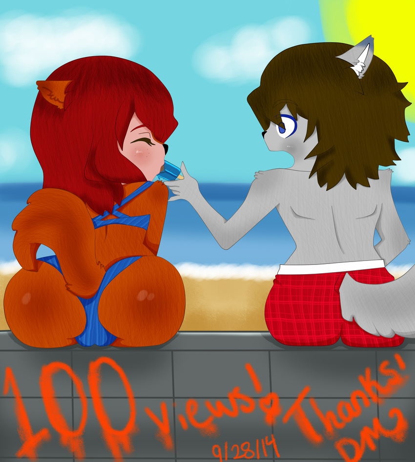 100_views anthro beach bikini clothing cute discordmelody freckles hair jasmine licking lucian mammal mink mustelid one_eye popsicle red_hair rodent sand seaside shocked squirrel summer sun swimming_trunks swimsuit tongue