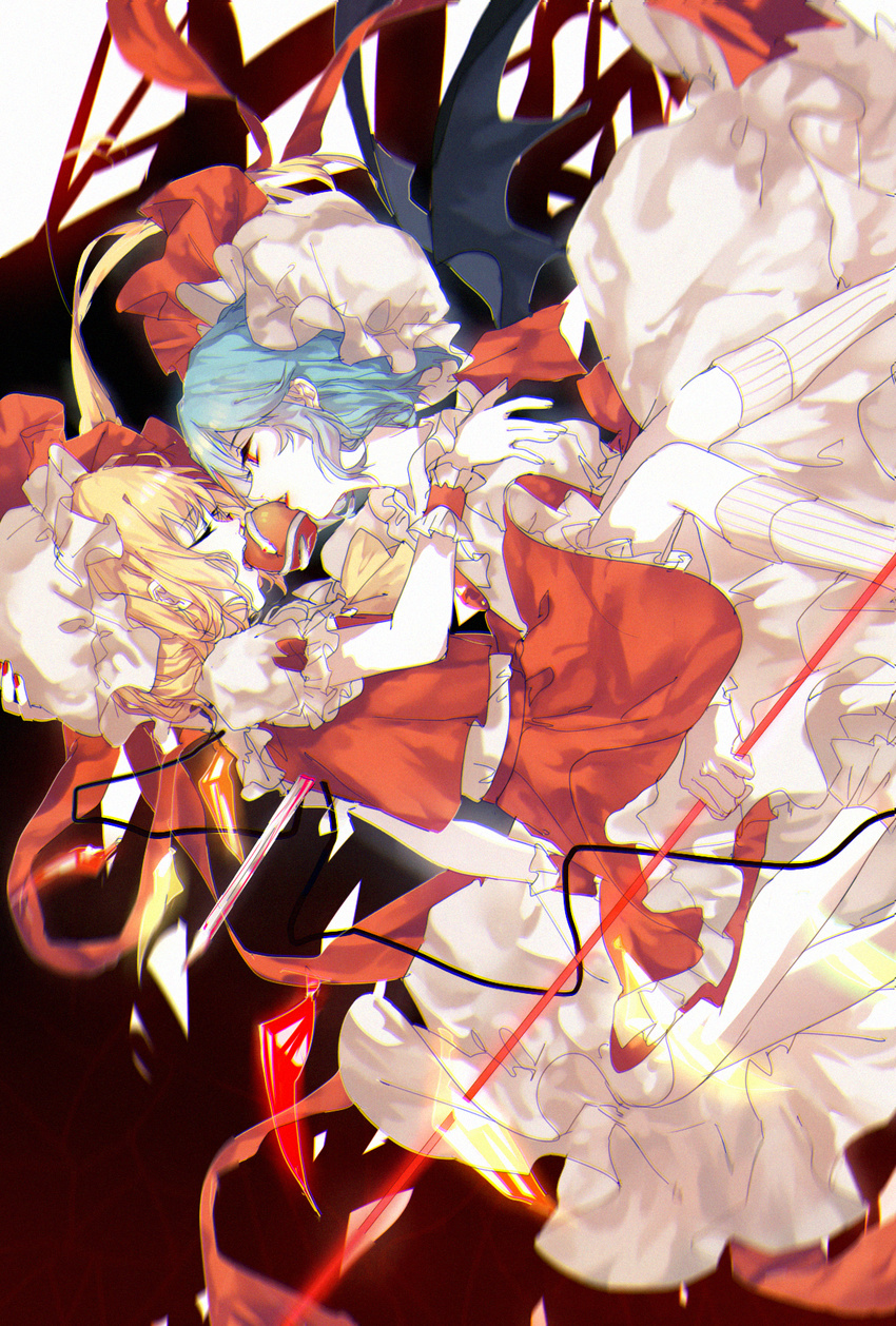 apple bat_wings biting blonde_hair blue_hair closed_eyes flandre_scarlet food fruit hat highres impaled mob_cap multiple_girls puffy_short_sleeves puffy_sleeves red_eyes remilia_scarlet ribbon shirt short_sleeves siblings sisters skirt skirt_set snake spear_the_gungnir tian_(my_dear) touhou vest wings wrist_cuffs yuri