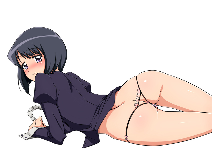 absurdres ass backless_panties black_hair blue_eyes frills haruhisky headwear_removed highres long_sleeves lying maid_headdress naughty_face on_side panties pearl_thong puffy_sleeves shiny shiny_hair shiny_skin short_hair siesta skindentation smile solo thong transparent_background underwear wrist_cuffs zero_no_tsukaima