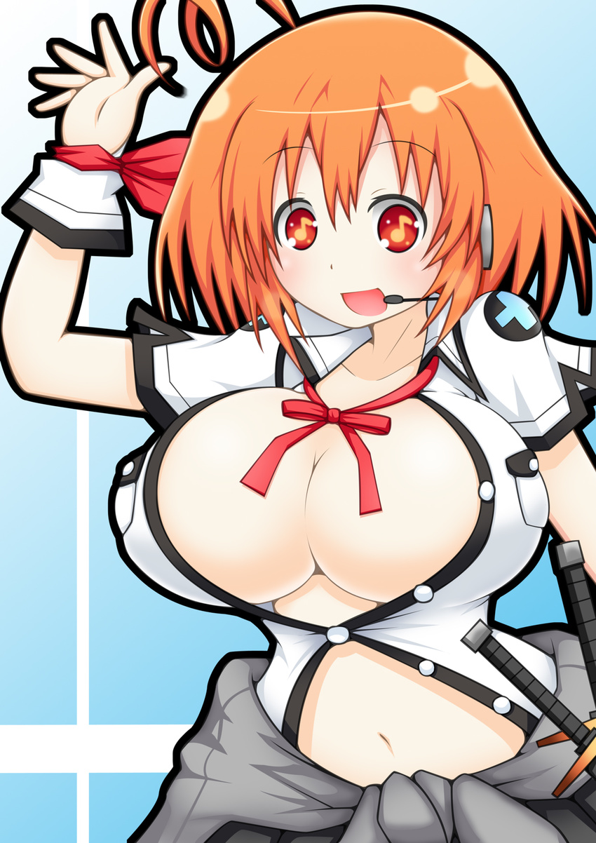 1girl ahoge breasts choujigen_game_neptune cleavage huge_breasts kami_jigen_game_neptune_v marvelous neptune_(series) orange_hair red_eyes solo sword symbol-shaped_pupils weapon yuma-24