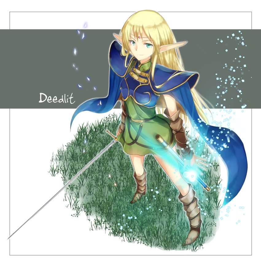 aqua_eyes arm_warmers blonde_hair blue_cape boots cape character_name deedlit elf highres light_particles long_hair masamuuu pointy_ears record_of_lodoss_war scabbard sheath solo standing sword very_long_hair weapon