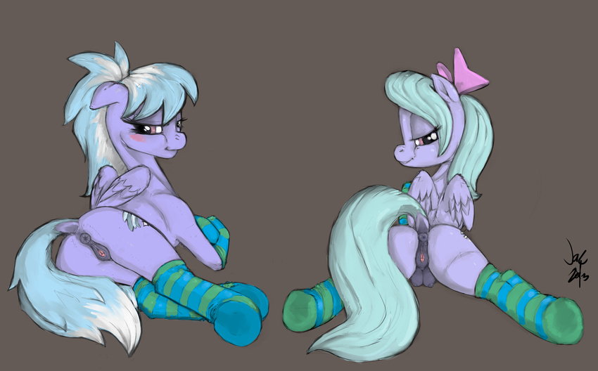 anatomically_correct anatomically_correct_pussy animal_genitalia anus blush cloud_chaser_(mlp) cutie_mark duo equine equine_pussy female feral flitter_(mlp) friendship_is_magic fur hair jac looking_at_viewer looking_back lying mammal my_little_pony pegasus plain_background presenting pussy smile socks spread_legs spreading teats two_tone_hair wings