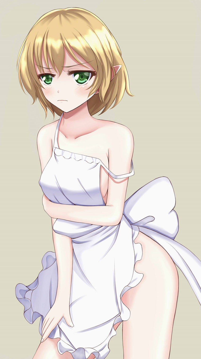 absurdres apron bad_id bad_pixiv_id bare_arms bare_shoulders blonde_hair blush collarbone green_eyes highres mizuhashi_parsee naked_apron off_shoulder pointy_ears simple_background solo strap_slip touhou wendell