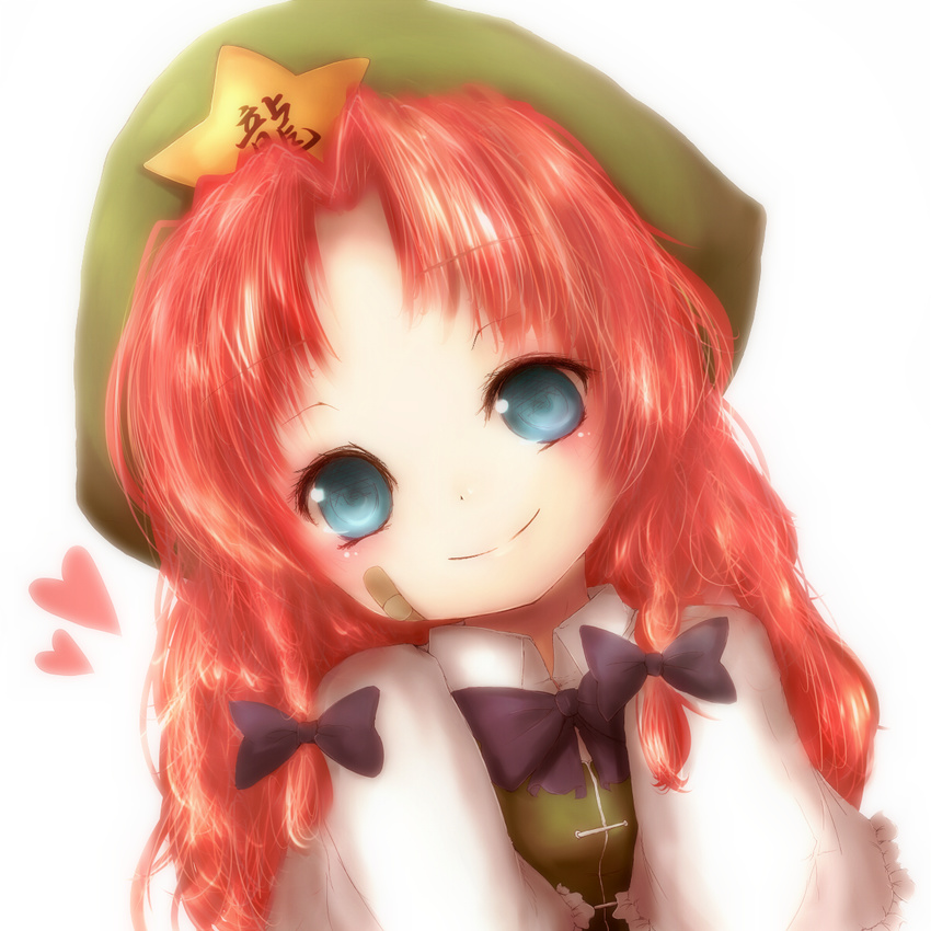 amanojaku bad_id bad_pixiv_id bandaid bandaid_on_face blue_eyes bow braid hair_bow hat head_tilt heart highres hong_meiling long_hair looking_at_viewer red_hair simple_background smile solo star touhou twin_braids upper_body vest white_background