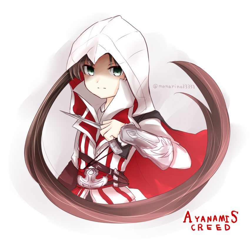 assassin's_creed_(series) ayanami_(kantai_collection) bad_id bad_pixiv_id brown_hair cosplay ezio_auditore_da_firenze green_eyes hidden_blade kantai_collection side_ponytail solo weapon yonerinoko_(banberabu)