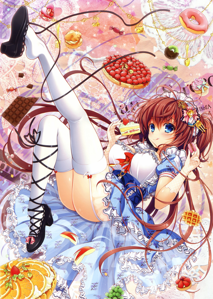 :q absurdres animal_ears apple asami_asami ass blue_eyes blush breasts brown_hair cake candy candy_wrapper cat_ears chocolate_bar cream_puff cross-laced_footwear cupcake doughnut dress falling food fork frills fruit full_body gloves grapes hair_ornament headdress highres lace-up_heels large_breasts long_hair looking_at_viewer macaron orange original shoe_dangle slice_of_cake solo spoon strawberry strawberry_shortcake sweets thighhighs tongue tongue_out two_side_up very_long_hair