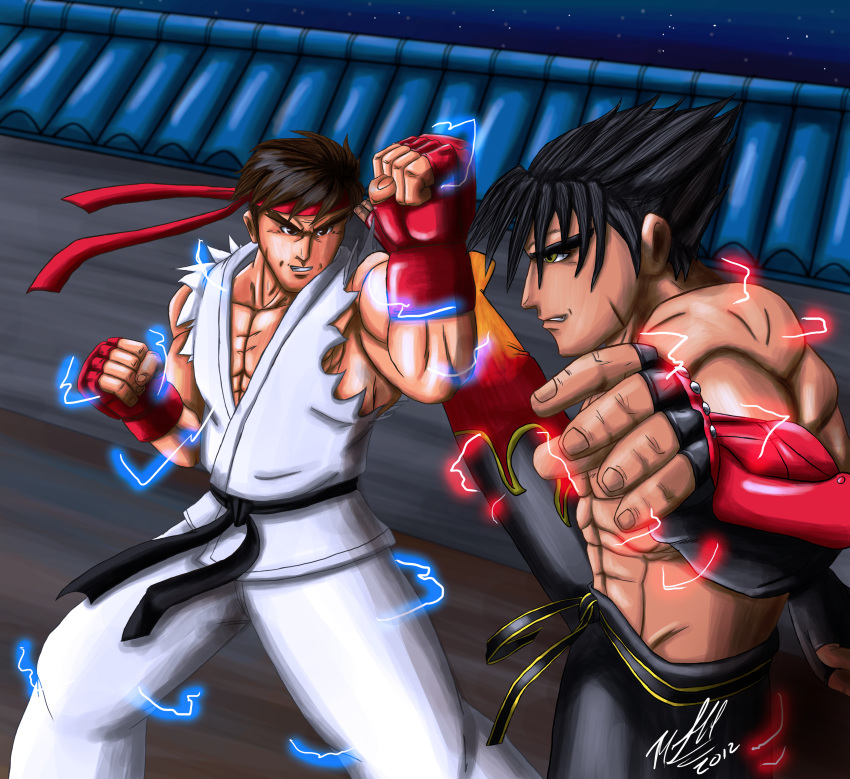 2boys bandanna barefoot battle belt black_hair brown_eyes death_battle dougi elbow_gloves fighting fingerless_gloves flame_print gloves headband kazama_jin male_focus multiple_boys muscle ryuu_(street_fighter) shin_guards shirtless short_hair spiked_hair street_fighter tekken toeless_legwear toes