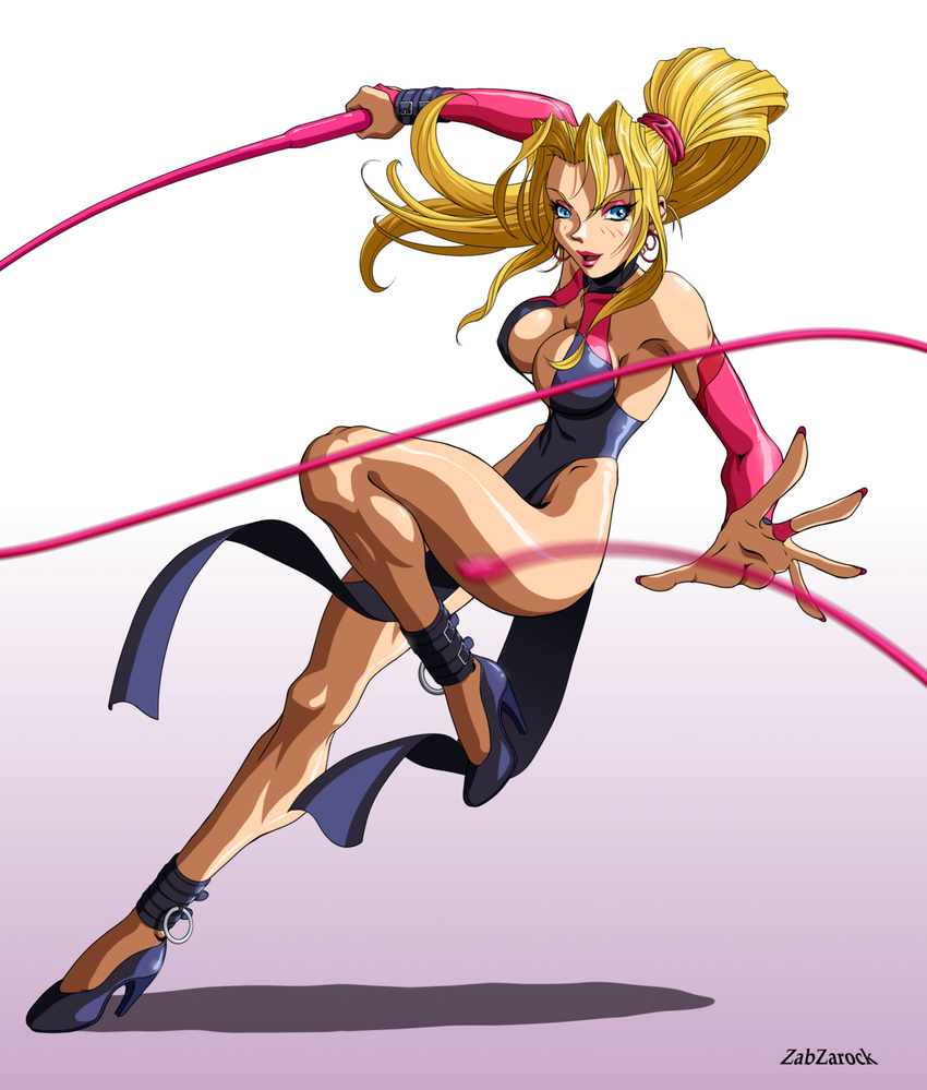anklet artist_name bare_shoulders blonde_hair blue_eyes breasts bridal_gauntlets cleavage earrings elbow_gloves eyeshadow gloves halterneck high_heels highres jewelry large_breasts leotard lips lipstick loincloth long_hair makeup pantyhose ponytail scrunchie sofia_(toushinden) solo toushinden weapon whip zabzarock