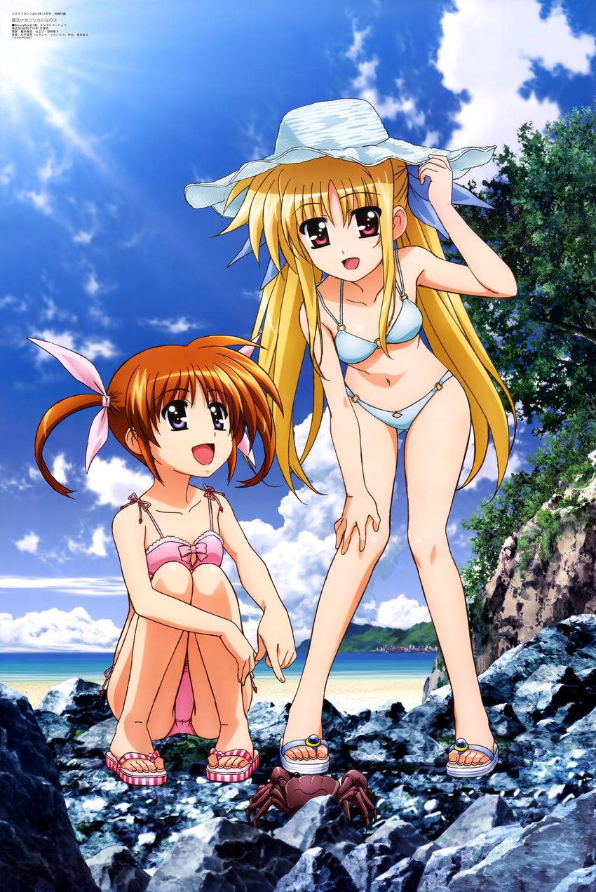 :d absurdres alternate_costume bangs beach bent_over bikini blonde_hair blue_bikini bow bow_bikini breasts cloud crab day fate_testarossa gem hair_ribbon hand_on_own_knee happy hashimoto_takayoshi hat hat_tip highres lace lace-trimmed_bikini light_rays long_hair looking_at_another looking_at_viewer looking_up lyrical_nanoha mahou_shoujo_lyrical_nanoha megami multiple_girls navel non-web_source o-ring o-ring_bikini o-ring_bottom o-ring_top ocean official_art open_mouth outdoors parted_bangs pink_bikini pointing purple_eyes red_eyes red_hair ribbon rock sandals scan short_hair short_twintails side-tie_bikini sidelocks sky small_breasts smile squatting standing striped sun sun_hat sunbeam sunlight swimsuit takamachi_nanoha toes tree twintails very_long_hair water